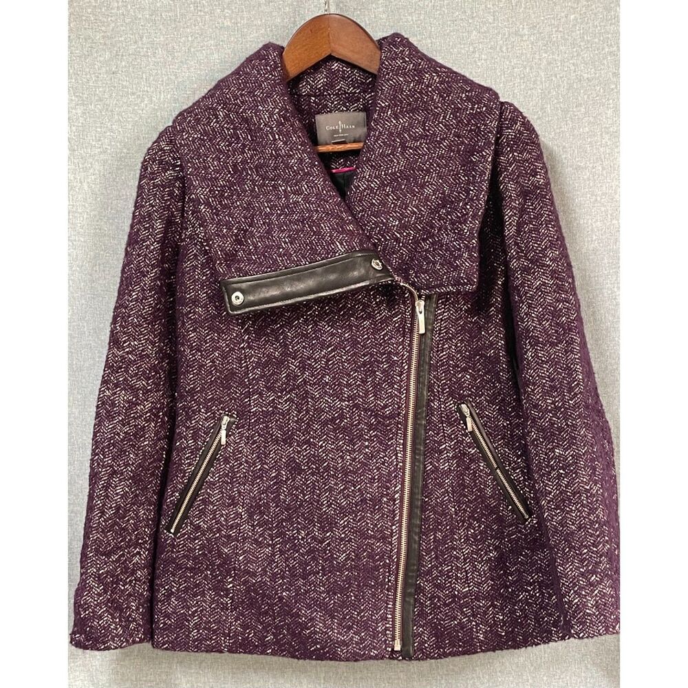 Cole Haan Women’s 2 Purple Herringbone Wool Blend Moto Jacket Lambskin Trim